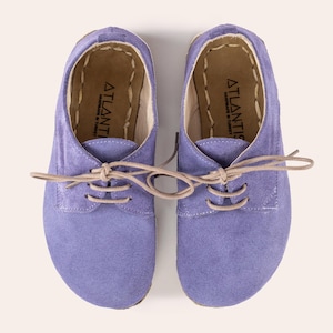 Buty dziecięce Barefoot, skórzane buty dla maluchów, dziecięce buty oksfordki w kolorze lawendy, uziemiające buty dziecięce, uziemiające buty dziecięce, ręcznie robione buty dziecięce