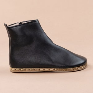 Sustainable Mens Barefoot Ankle Boots with Zipper, Black Wide Toe Box Boots, Handmade Winter Boots, Leather Zero Drop Boots