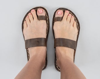 Women Barefoot Thong Sandals, Grounding Flip Flops, Dark Brown Earthing Sandals, Women Greek Sandals, Leather Barefoot Sandal, Gifts for Her