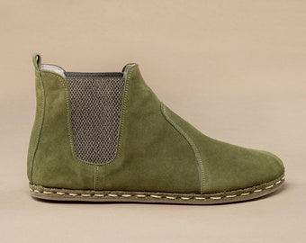 Sustainable Mens Barefoot Chelsea Boots, Olive Green Wide Toe Box Boots, Handmade Winter Boots, All Natural Boots, Zero Drop Boots