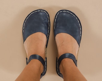 Sustainable Barefoot Sandals, Minimalist Shoes, Barefoot Navy Leather Sandals, Barefoot Sandals For Women, Wide Sandals, Barefoot Flats