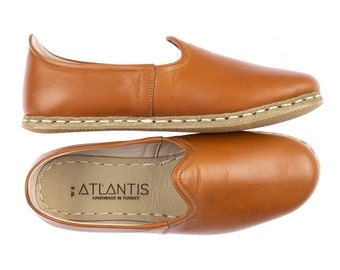 Mens Cocoa Brown Color Leather Slip Ons, Turkish Yemeni Shoes, Handmade Leather Loafers, Flat Men Shoes, Gift for Him, Fathers Day Gift