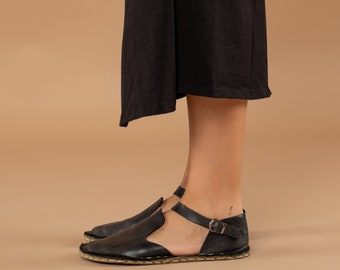 Sustainable Barefoot Sandals, Minimalist Shoes, Black Color Leather Sandals, Barefoot Sandals For Women, Natural Foot Shape Wide Sandals