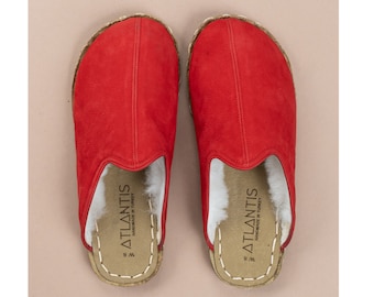 Shearling MEN Wide Slipper, Sandals Barefoot RED Leather Handmade