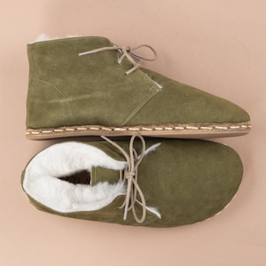 Women Oxford Ankle Barefoot Boots with Fur, Wide Toe Box Boot, Winter Boot, Olive Color Zero Drop Boots, Barefoot Shearling Boots With Laces