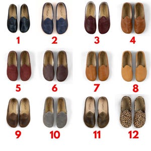 a collection of twelve pairs of shoes, each pair with a different color and style, arranged in a grid-like pattern.