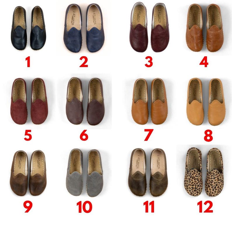 a collection of twelve pairs of shoes, each pair with a different color and style, arranged in a grid-like pattern.