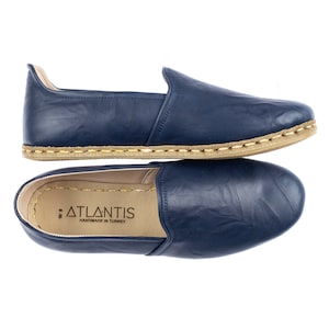 Mens Navy Color Leather Slip Ons, Turkish Yemeni Shoes, Handmade Leather Loafers, Flat Men Shoes, Gift for Him, Fathers Day Gift
