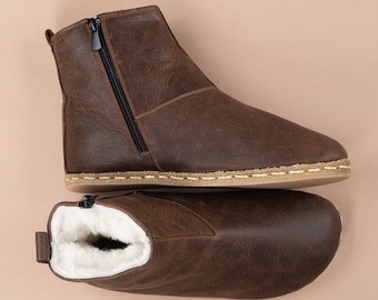 Sustainable Mens Barefoot Ankle Boots with Fur, Coffee Wide Toe Box Boot, Handmade Winter Boots, Zero Drop Boot, Shearling Boots with Zipper