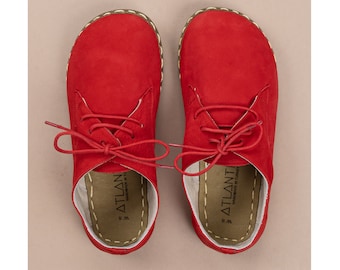 Oxford Barefoot Red Nubuck Leather Handmade Women Classic Yemeni Shoes, Natural, Colorful, Turkish Leather Slip-On