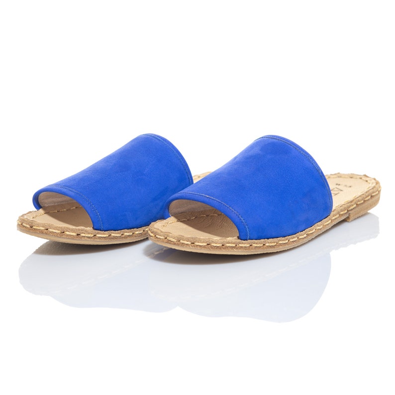 Handmade Leather Turkish Blue Suede Sandals Flats Women Slippers Flip-flops Sabots Travel Shoes Summer Shoes Cyber Monday Christmas Gift