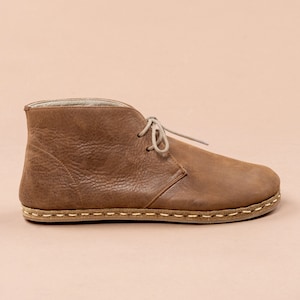 Sustainable Mens Oxford Barefoot Ankle Boots with Laces, Brown Wide Toe Box Flat Boots, Handmade Winter Boot, Leather Zero Drop Casual Boots
