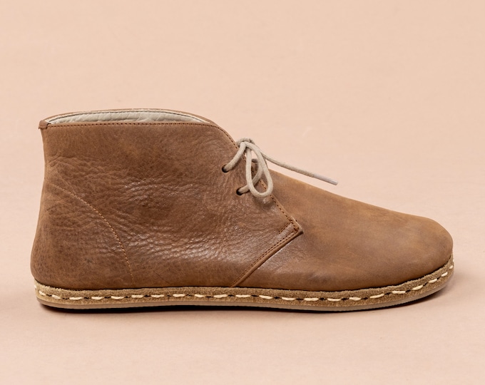 Sustainable Mens Oxford Barefoot Ankle Boots with Laces, Brown Wide Toe Box Flat Boots, Handmade Winter Boot, Leather Zero Drop Casual Boots