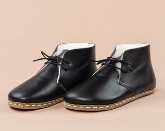 Sustainable Mens Oxford Barefoot Ankle Boots with Fur, Black Wide Toe Box Shearling Boots, Handmade Winter Boot, Zero Drop Casual Boots