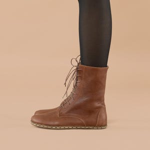 Women Brown Barefoot Boots, Earthing Boots, Handmade High Ankle Boots, Brown Leather Boots With Zipper, Grounding Boots, Laced Up Boots