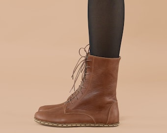 Women Brown Barefoot Boots, Earthing Boots, Handmade High Ankle Boots, Brown Leather Boots With Zipper, Grounding Boots, Laced Up Boots