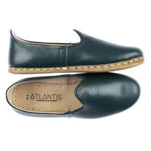 Mens Green Color Leather Slip Ons, Turkish Yemeni Shoes, Handmade Leather Loafers, Flat Men Shoes, Gift for Him, Fathers Day Gift