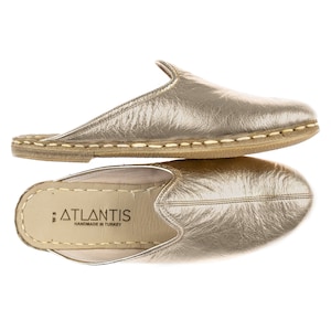 Mens Gold Color Leather Slippers, Flat Slippers, Winter Slip-Ons, Turkish Slippers, Handmade Slippers, Gift for Him, Fathers Day Gift