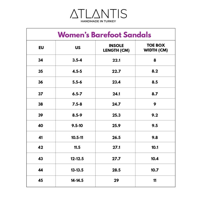 a women's barefoot sandals size chart