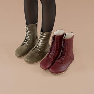 Women Green Barefoot Boots, Earthing Boots, Handmade High Ankle Boots, Green Leather Boots With Zipper, Grounding Boots, Laced Up Boots