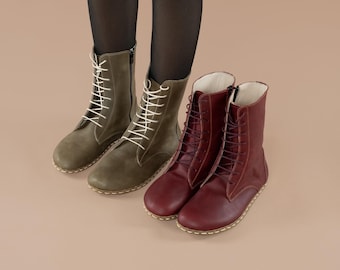Women Green Barefoot Boots, Earthing Boots, Handmade High Ankle Boots, Green Leather Boots With Zipper, Grounding Boots, Laced Up Boots