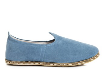 Womens Sky Blue Suede Leather Handmade Slip On, Turkish Shoes Women, Handmade Flat Shoe, Gift for her, Blue Suede Shoes, Mothers Day Gift