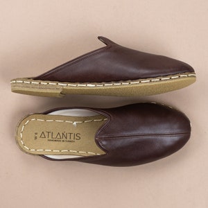Womens Dark Brown Leather Slippers, Flat Slippers, Winter Slip-Ons, Turkish Slippers, Handmade Slippers, Atlantis Shoes, Mothers Day Gift