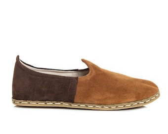 Mens Brown Color Suede Slip Ons, Turkish Yemeni Shoes, Handmade Leather Loafers, Flat Men Shoes, Gift for Him, Fathers Day Gift