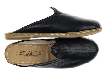 Mens Black Color Leather Slippers, Flat Slippers, Winter Slip-Ons, Turkish Slippers, Handmade Slippers, Gift for Him, Fathers Day Gift