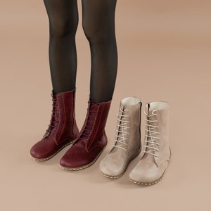 Women Burgundy Barefoot Boots, Earthing Boots, Handmade High Ankle Boots, Red Leather Boots With Zipper, Grounding Boots, Laced Up Boots