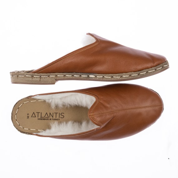 Mens Cocoa Brown Shearling Slippers Flat Slippers Winter