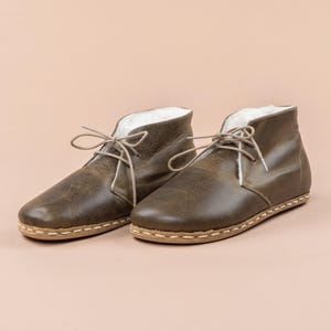 Women Oxford Ankle Barefoot Boots with Fur, Wide Toe Box Boot, Winter Boot, Green Color Zero Drop Boots, Barefoot Shearling Boots With Laces