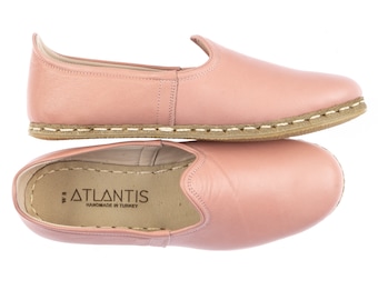 Mens Light Pink Color Leather Slip Ons, Turkish Yemeni Shoes, Handmade Leather Loafers, Flat Men Shoes, Gift for Him, Fathers Day Gift