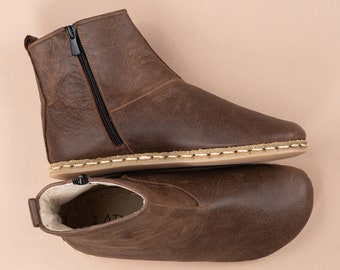 Sustainable Mens Barefoot Ankle Boots with Zipper, Coffee Wide Toe Box Boots, Handmade Winter Boots, All Natural Boots, Zero Drop Boots
