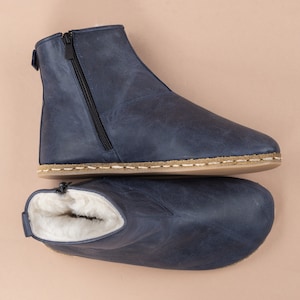 Women Blue Ankle Barefoot Boots with Fur, Wide Toe Box Boots, Handmade Shearling Boots, Zero Drop Boots, Ankle Barefoot Boots With Zipper