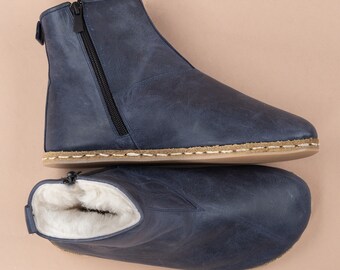Women Blue Ankle Barefoot Boots with Fur, Wide Toe Box Boots, Handmade Shearling Boots, Zero Drop Boots, Ankle Barefoot Boots With Zipper