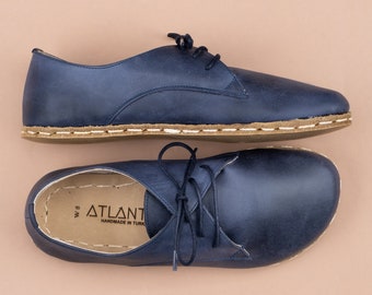 Damen Blau Oxford Schuhe, Barfuß Minimalist Schuhe, Handgemachte Leder Türkische Schuhe, Breite Toe Box flache Schuhe, Zero Drop Sohlen