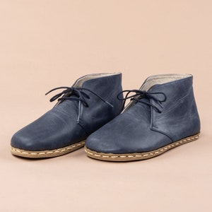 Sustainable Mens Oxford Barefoot Ankle Boots with Laces, Blue Wide Toe Box Flat Boots, Handmade Winter Boot, Leather Zero Drop Casual Boots
