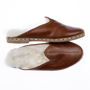 Mens Antique Brown Shearling Slippers with Fur Insole, Flat Slippers, Winter Slippers, Turkish Slippers, Sheepskin Slippers, Christmas Gift