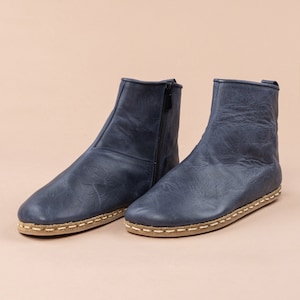 Sustainable Mens Barefoot Ankle Boots with Zipper, Blue Wide Toe Box Boots, Handmade Winter Boots, Leather Zero Drop Boots