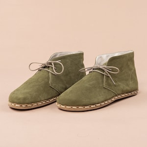 Womens Oxford Ankle Barefoot Boots, Wide Toe Box Boots, Handmade Winter Boots, Olive Color Zero Drop Boots, Short Barefoot Boots With Laces