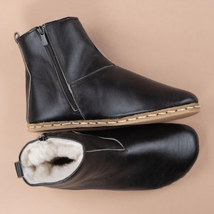 Women Black Ankle Barefoot Boots with Fur, Wide Toe Box Boots, Handmade Shearling Boots, Zero Drop Boots, Ankle Barefoot Boots With Zipper