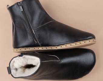 Women Black Ankle Barefoot Boots with Fur, Wide Toe Box Boots, Handmade Shearling Boots, Zero Drop Boots, Ankle Barefoot Boots With Zipper