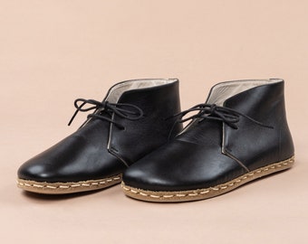 Sustainable Mens Oxford Barefoot Ankle Boots with Laces, Black Wide Toe Box Flat Boots, Handmade Winter Boot, Leather Zero Drop Casual Boots