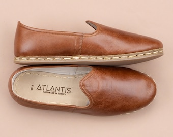 Mens Antique Brown Color Leather Slip Ons, Turkish Yemeni Shoes, Handmade Leather Loafers, Flat Men Shoes, Gift for Him