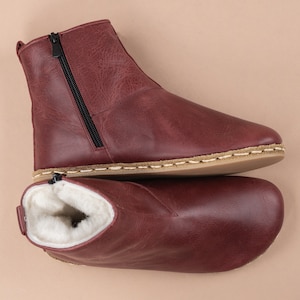 Women Red Ankle Barefoot Boots with Fur, Wide Toe Box Boots, Handmade Shearling Boots, Zero Drop Boots, Ankle Barefoot Boots With Zipper