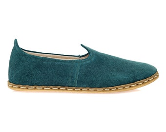 Womens Dark Green Color Leather Handmade Slip On, Turkish Shoes, Handmade Flat Shoe, Gift for her, Green Suede Shoes, Mothers Day Gift