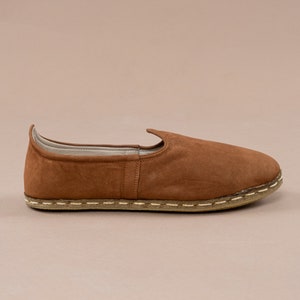 Mens Light Brown Color Nubuck Slip Ons, Turkish Yemeni Shoes, Handmade Leather Loafers, Flat Men Shoes, Gift for Him, Fathers Day Gift