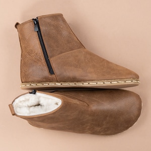 Women Brown Ankle Barefoot Boots with Fur, Wide Toe Box Boots, Handmade Shearling Boots, Zero Drop Boots, Ankle Barefoot Boots With Zipper