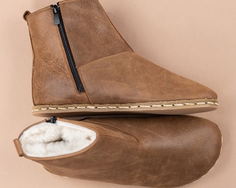 Women Brown Ankle Barefoot Boots with Fur, Wide Toe Box Boots, Handmade Shearling Boots, Zero Drop Boots, Ankle Barefoot Boots With Zipper